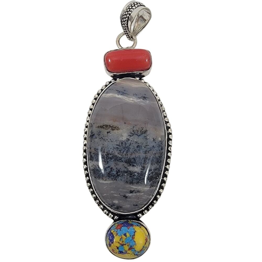 Handcrafted Pendant with Dendritic Agate Coral and Vibrant Mosaic Opal Detail